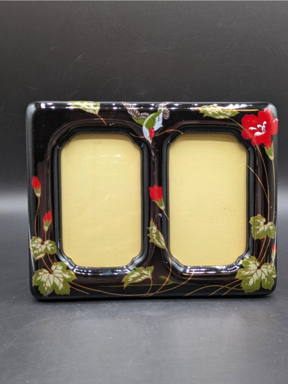 Vintage Double Photo Frame Black Ceramic Red Flowers Bird Japan Holds 4.5x3